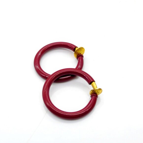 Burgundy Enamel Vintage Hoop Earrings, Basic Spring Loaded Clip On - Picture 1 of 2